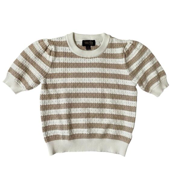 Truth by Republic Sweater Womens Size Small Cream Mocha Stripe Short Puff Slv - Picture 1 of 7